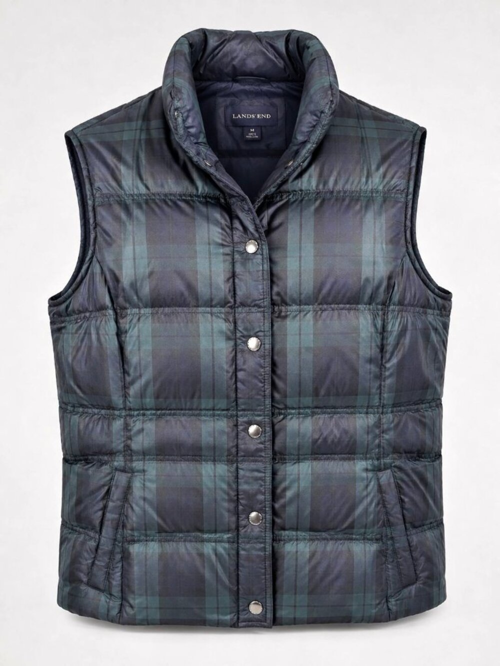 Lands End Womens Medium Puffer Vest Green Tartan Plaid Snap Front 10-12